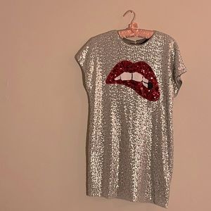 Aidan Mattox Silver Sequin Lips Mini Sheath Dress